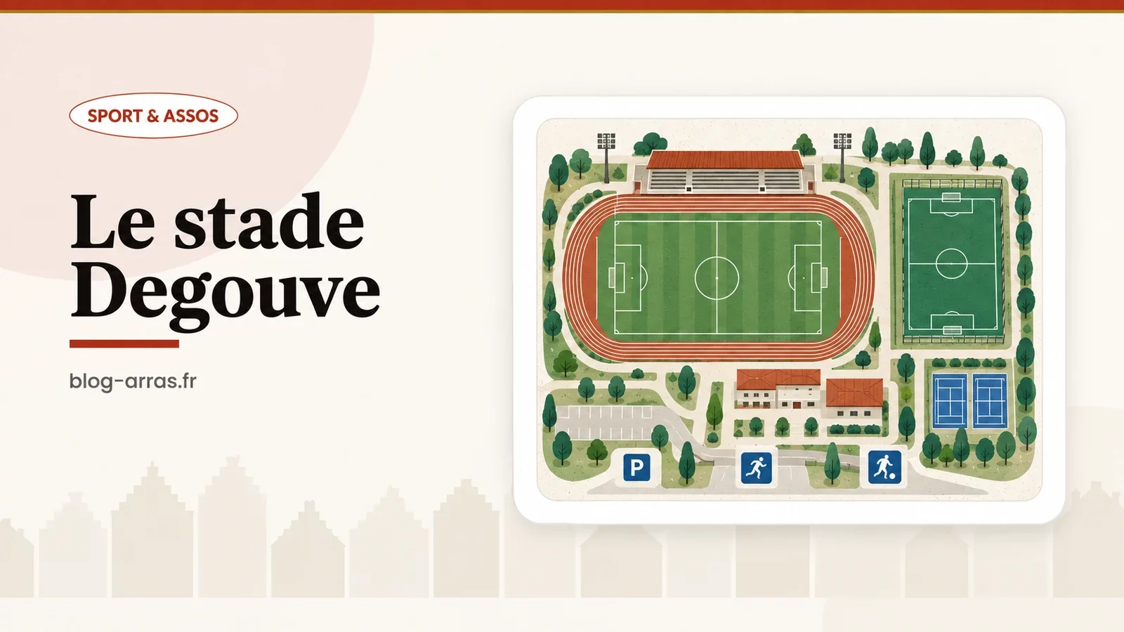 Plan schématique du stade Degouve à Arras avec terrain d’honneur, terrain synthétique et aire d’athlétisme