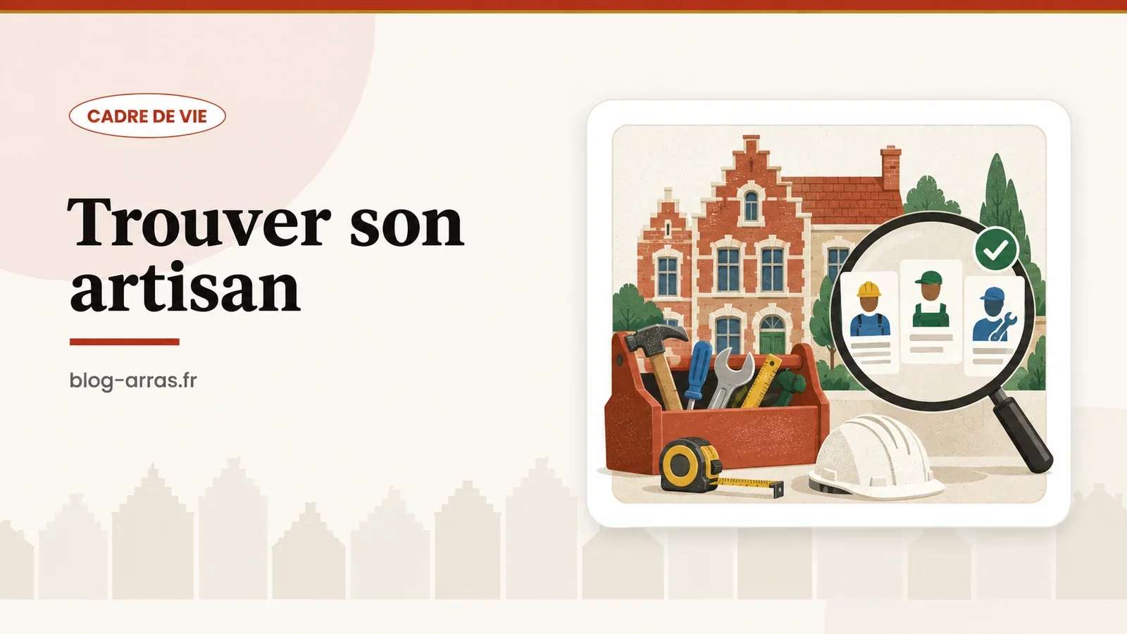 Caisse à outils ouverte devant une maison de ville en brique, illustration pour trouver un artisan à Arras